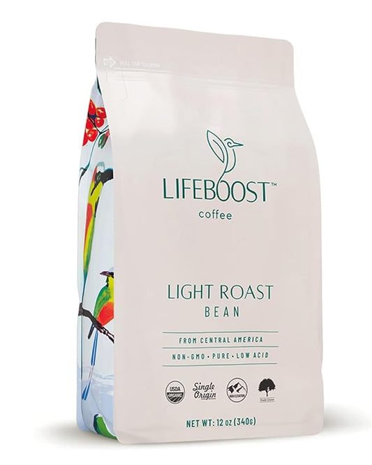 Lifeboost Light Roast Coffee Beans - Non-GMO Single Origin Low Acid Organic Light Roast Coffee - Third Party Tested For Mycotoxins & Pesticides - Whole Bean - 12 Ounces