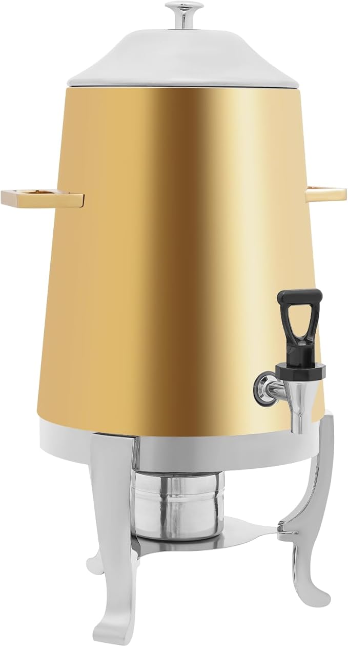Stainless Steel Beverage Dispensers, Drink Dispenser with Fuel Holder & Base & Stainless Steel Faucet 3.4Gal Hot Beverage Dispenser, Commercial Coffee Urn for Hotels, Canteens（Golden Barrel Body）