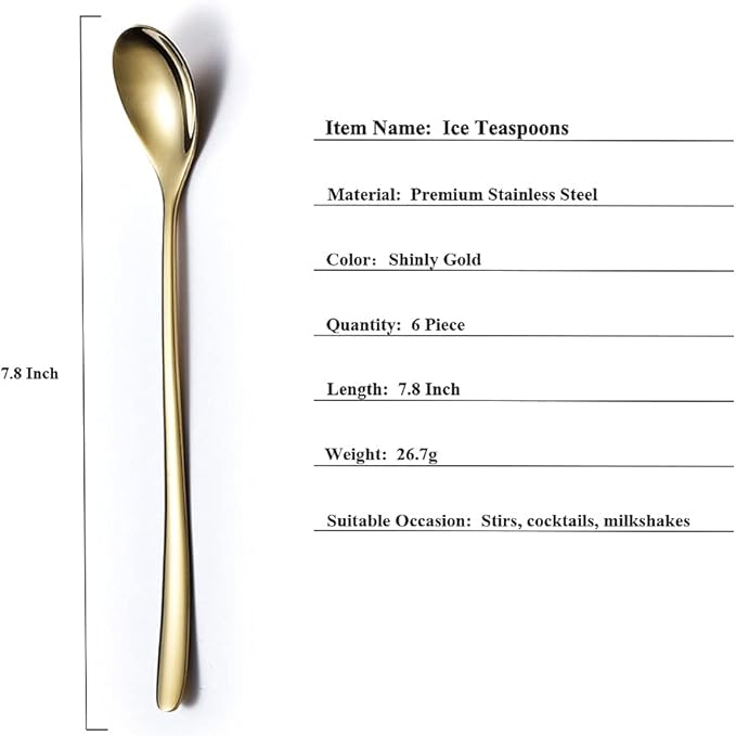 Gold Long Handle Coffee Spoons, Premium Stainless Steel Stirrers for Ice Tea, Ice Cream, Cocktails - Set of 6