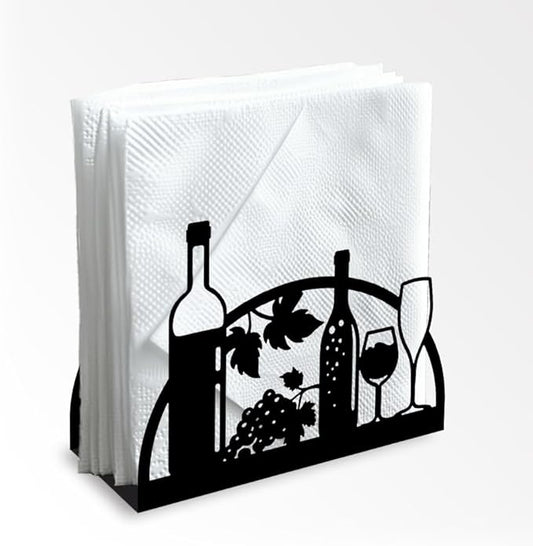 Grape Wine and Glass Decorative Black Metal Napkin Holder for Table, 4.9" x 4.9" x 1.9" Standing Napkin Holder for Home Kitchen Restaurant Picnic Party Coffee Bar Dining Room