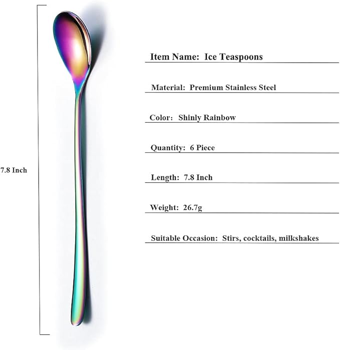 Rainbow Long Handle Spoons, Coffee Stirrers, Premium Stainless Steel Coffee & Ice Cream Spoons, Set of 6 (Colorful)
