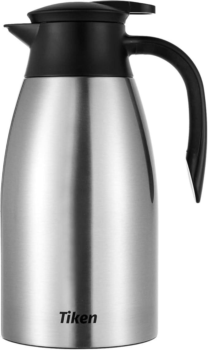 Tiken 68 Oz Thermal Coffee Carafe, Stainless Steel Insulated Vacuum Coffee Carafes For Keeping Hot, 2 Liter Beverage Dispenser (Silver)