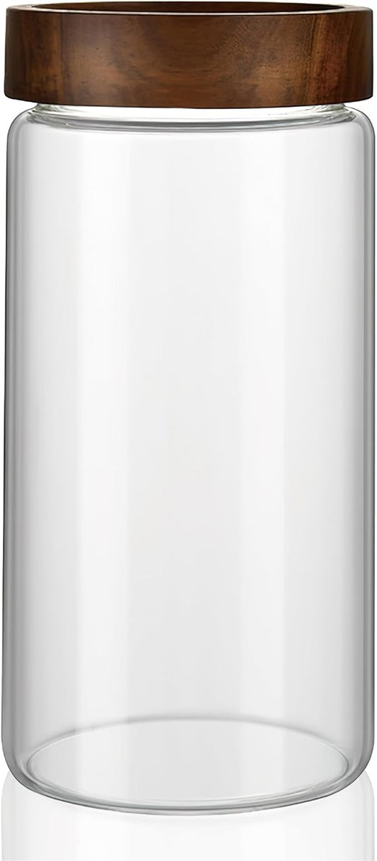 40 oz/1200 ml Clear Glass Storage Canister with Airtight Wooden Screw Lid, Large Tall Cute Decorative Glass Food Container Jar for Coffee,Spice,Candy,Salt,Cookie,Condiment,Pepper,Sugar,Pasta