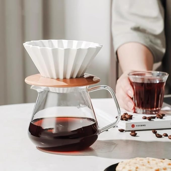 Ceramic Coffee Dripper Pour Over Coffee Maker with Wood Stand Elegant Flower Shape V60 Filter (black)