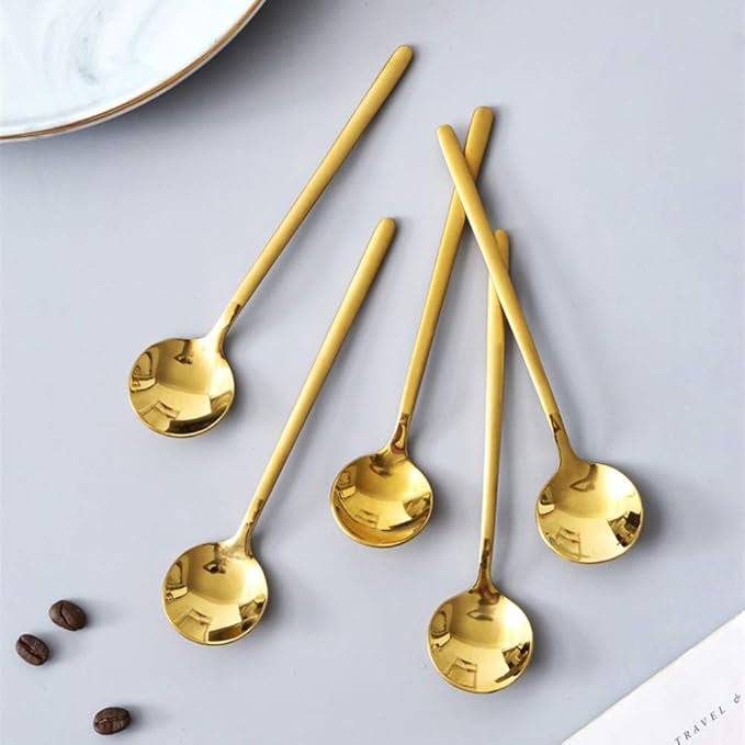 8 PCS Mini Coffee Spoons Teaspoons 5.3-Inch Matte Gold Frosted Handle Stainless Steel Tea Spoons for Coffee Tea Dessert Milk Ice Cream Cake Soup Ice Tea