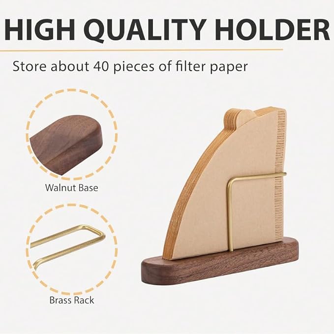 Coffee Filter Holder – Elegant Filters Storage, Size 01 and 02 Cone Coffee Filter Organizer, Walnut & Brass Design