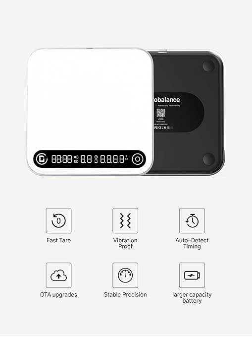 Digital Coffee Scale with Timer and Flow Rate Tracking, 0.1g Precision, 2kg Capacity, Rechargeable, Smart App Compatible, Ideal for Espresso and Pour Over Brewing