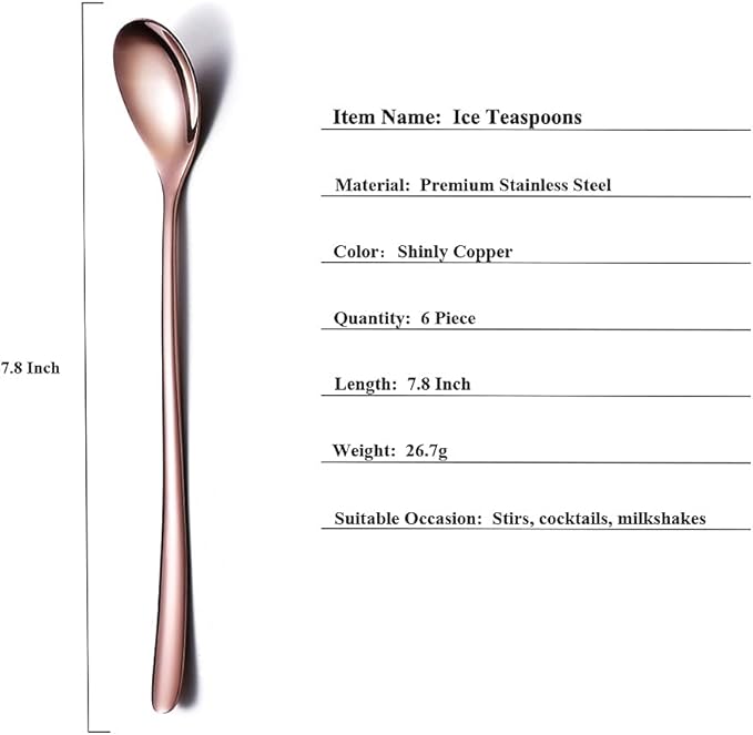 Premium Rose Gold Set of 6 Stainless Steel Long Handle Stirrers and Spoons for Coffee, Ice Tea, Ice Cream, Cocktails