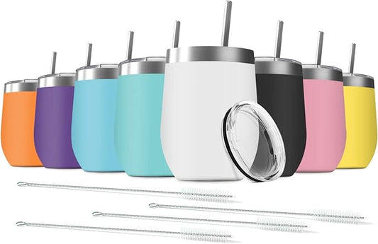 8 Pack 12 oz Stainless Steel Wine Tumbler with Lids, Double Wall Vacuum Insulated Travel Cup Including 8 Straws Set for Coffee, Cocktail, Drink, Tea and Beer (Assorted Colors)