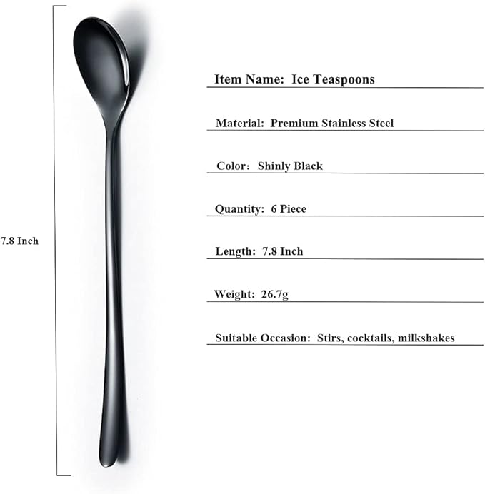 Black Long Handle Spoon, Coffee Stirrers, Premium Stainless Steel Ice Tea Spoons, Ice Cream Spoon, Cocktail Stirring Spoons, Set of 6 (Black)