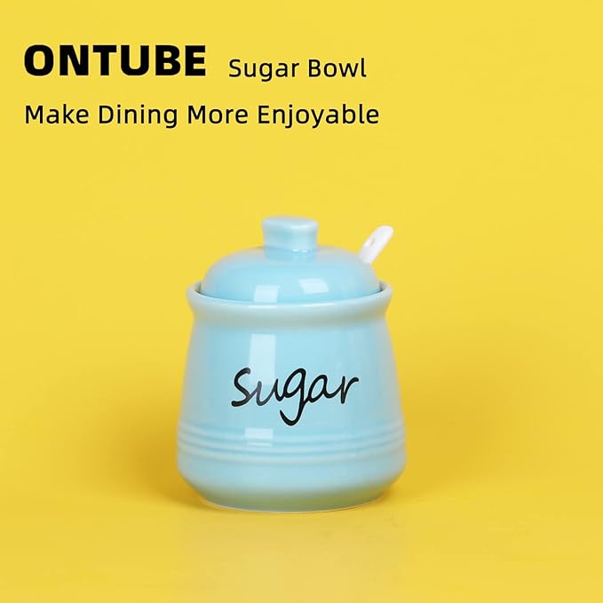ONTUBE Ceramic Sugar Bowl with Lid and Spoon 12oz (Turquoise Blue)