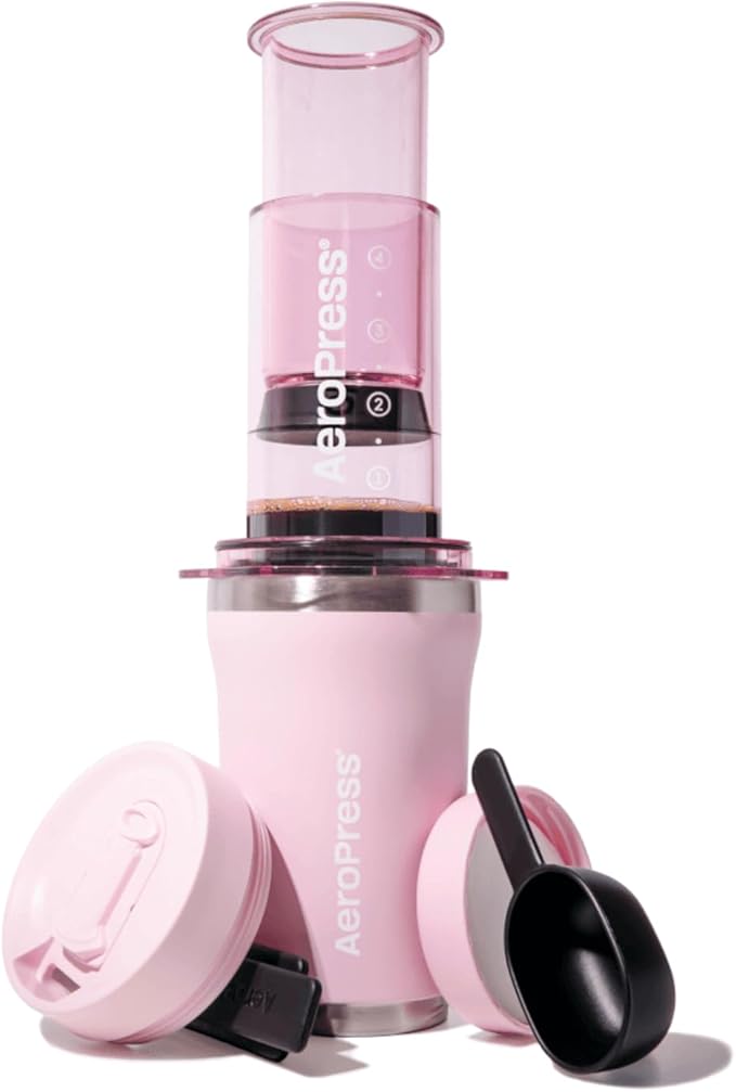 AeroPress Travel Coffee Press Kit - 3 in 1 brew method combines French Press, Pourover, Espresso - Full bodied coffee without grit or bitterness (Pink, Go Plus)