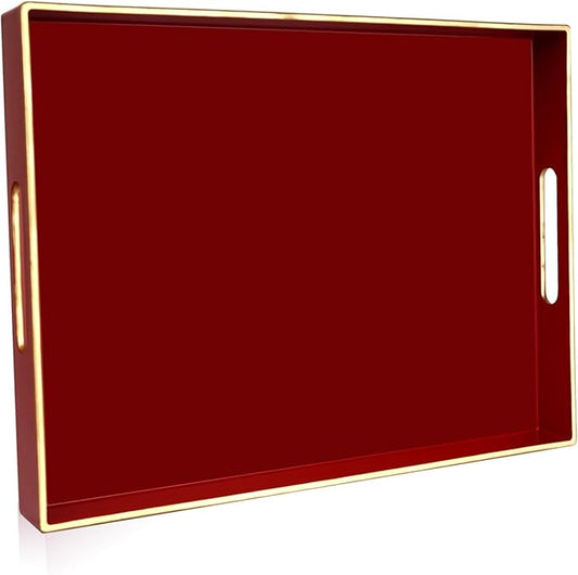 Gifturbo Red Large Serving Tray with Handles，Rectangular Plastic Elegant Decorative Coffee Table Tray for Ottoman, Living Room, Bathroom, Home Decor, Vanity Tray with Gold Trimming, 15.7” x 11.8”