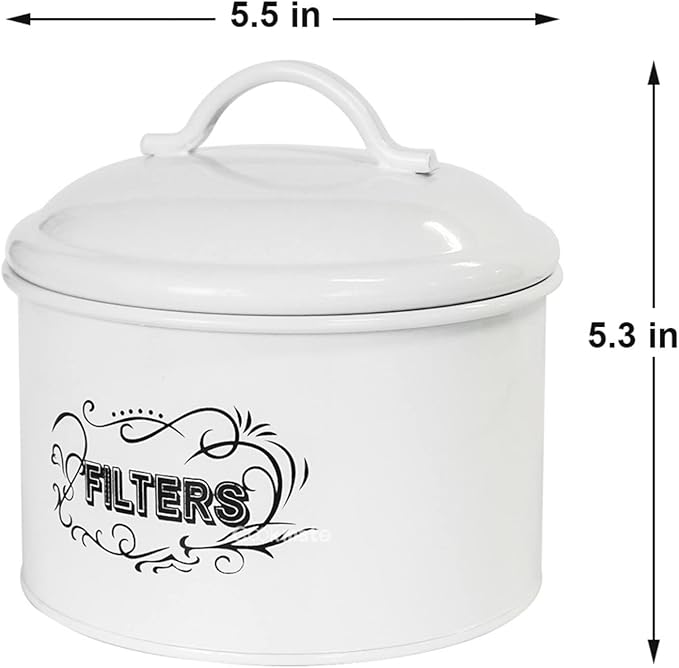 SOTECH Coffee Filter Holder Storage,White Basket Enamel Filter Jar Container in Rustic Farmhouse Distressed Enamelware Design Round for Counter(Metal Coffee Filter Jar)