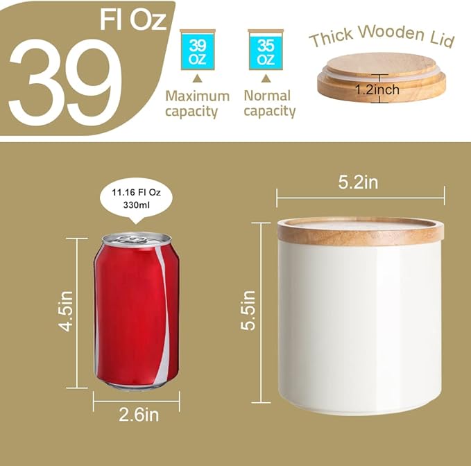 Sweejar Kitchen Canisters Ceramic Food Storage Jar, Stackable Containers with Airtight Seal Wooden Lid for Serving Coffee Bean, Flour, Tea, Spice and More - 39 Fl Oz (Gray)