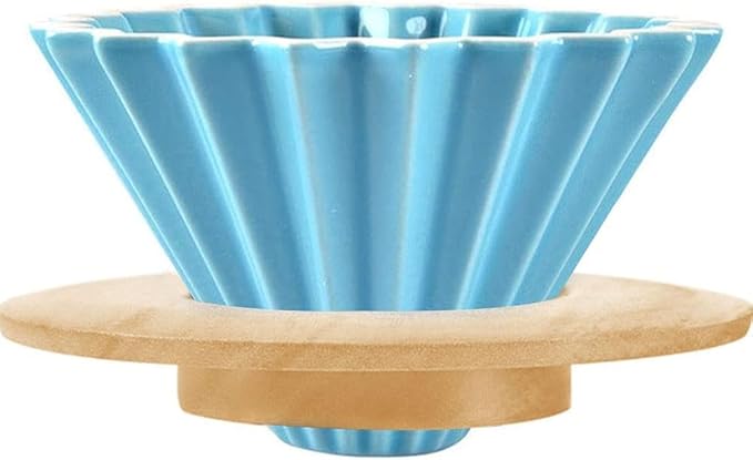 Ceramic Coffee Dripper Pour Over Coffee Maker with Wood Stand Elegant Flower Shape V60 Filter (blue)