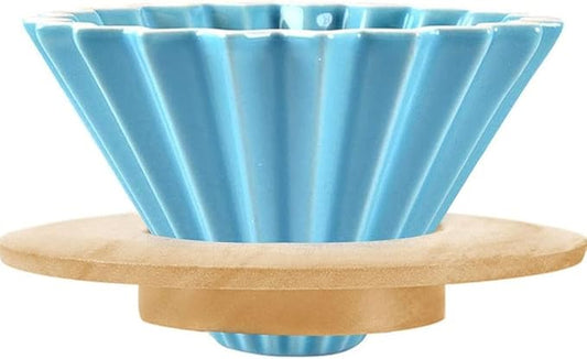 Ceramic Coffee Dripper Pour Over Coffee Maker with Wood Stand Elegant Flower Shape V60 Filter (blue)