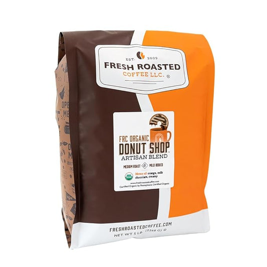 Fresh Roasted Coffee, Organic Donut Shop | USDA Organic, Kosher | Medium Roast 5 lb (80 oz) Ground