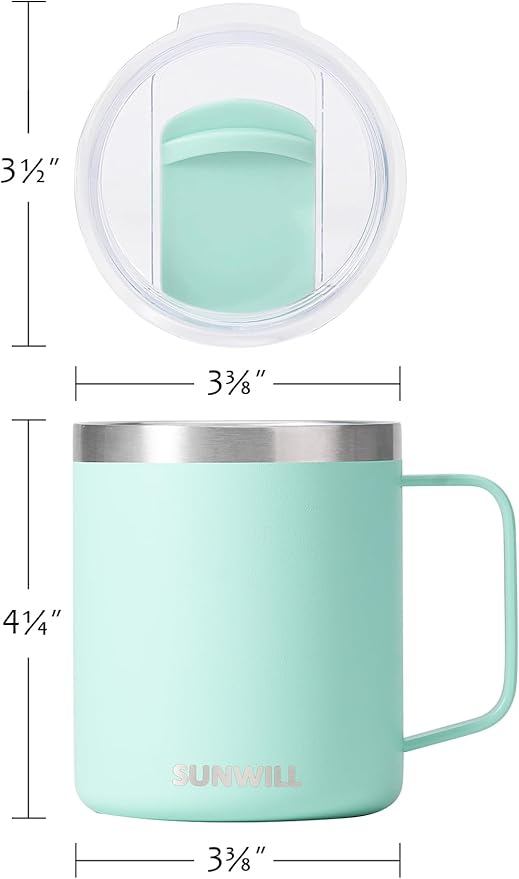 SUNWILL Travel Coffee Mug with Lid, Insulated Tumbler with Handle, 14 oz Stainless Steel Cup Set for Camping, Outdoor, Powder Coated Sakura & Mint 2 Pack