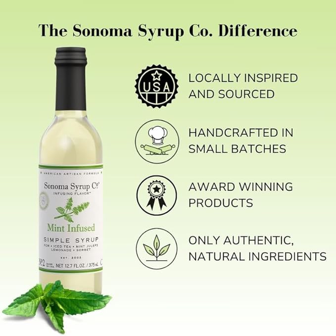 Sonoma Syrup Co. Mint Infused Simple Syrup 12.7 fl oz | for Coffee, Cocktails, and Cooking | Hand Crafted in the USA