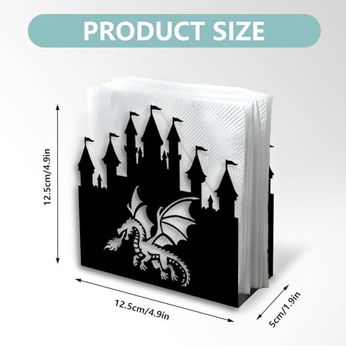 Dragon in Castle Decorative Black Metal Napkin Holder for Table, 4.9" x 4.9" x 1.9" Standing Napkin Holder for Home Kitchen Restaurant Picnic Party Coffee Bar Dining Room