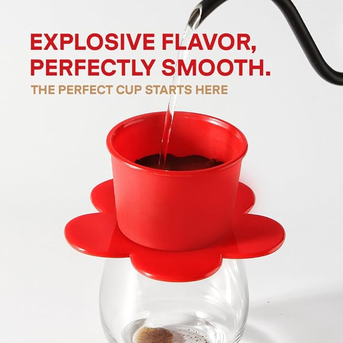 PHINOI Pour Over Coffee Dripper - Vietnamese Phin Filter – Single Cup Coffee Maker 1-2 Cup with Flower Design – Plastic Reusable Coffee Filter for Manual Brewing, Travel Friendly (Red)