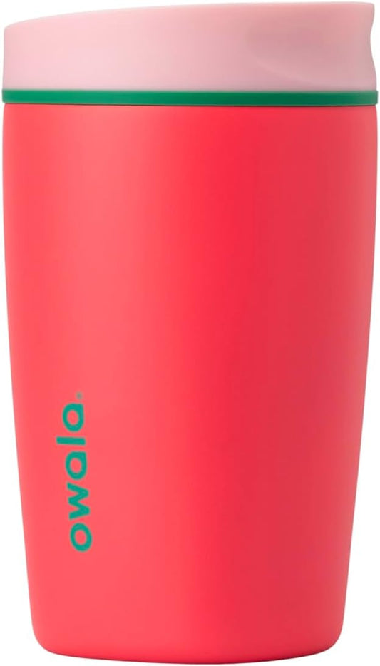 Owala SmoothSip Slider Insulated Stainless Steel Coffee Tumbler, Reusable Iced Coffee Cup, Hot Coffee Travel Mug, BPA Free 12 oz, Pink/Red (Strawberry Fields)