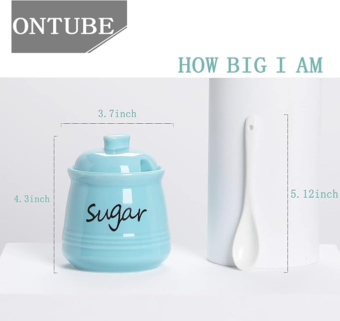 ONTUBE Ceramic Sugar Bowl with Lid and Spoon 12oz (Turquoise Blue)