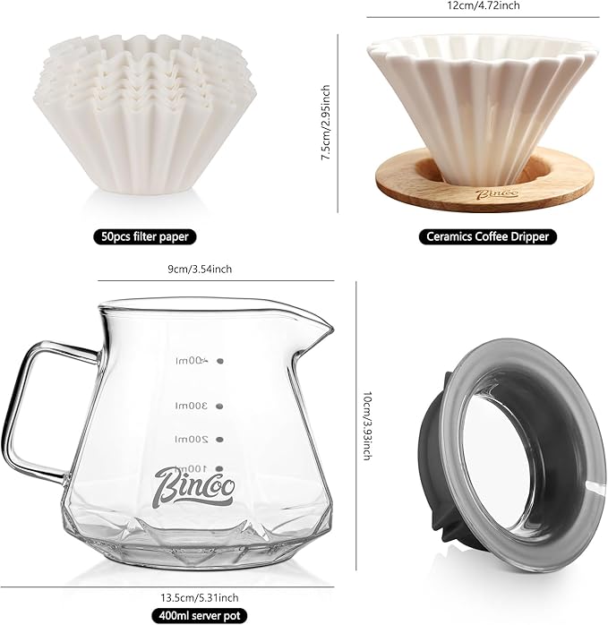 Bincoo 400ML Pour Over Coffee Maker Set with Filter Paper,Ceramic Pour Over Coffee Dripper 1-2 Cups-Professional Coffee Brewing Pot for Home Office(White)