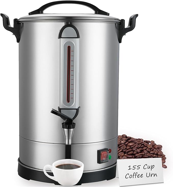 Coffee Percolator Large Coffee Maker 155 Cups Commercial Coffee Urn Electric Industrial Coffee Maker Hot Water Dispenser Tea Maker Machine for Catering, Church, Restaurant Dual Layer Stainless Steel