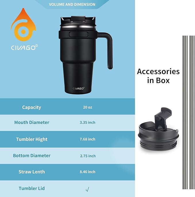 CIVAGO 20 oz Tumbler Mug with Lid and Straw, Insulated Travel Coffee Mug with Handle, Double Wall Stainless Steel Vacuum Coffee Tumbler, Thermal Coffee Cup, Flip lid, Black