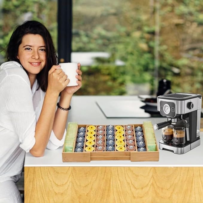 K Cup Holder Bamboo Coffee Pod Holder Drawer Organizer, Expandable K Cup Pod Storage Tea Bag Storage for Coffee Station Home Office and Kitchen