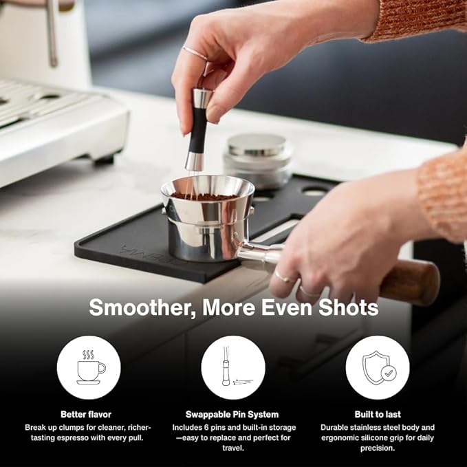 Crema Coffee Products Weiss Distribution Technique (WDT) Tool | Even Coffee Ground Distribution for Better Extraction | Stainless Steel with Silicone Grip | Includes 6 Pins & Storage Vault | Black