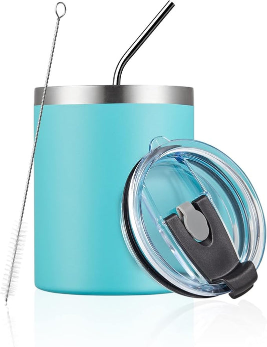 MEWAY 12 oz Lowball, Tumbler Stainless Steel Double Wall Vacuum Insulated Mug with Straw and Lid, Cleaning Brush ，Durable Powder Coated Insulated Coffee Cup for Cold & Hot Drinks (Light Blue,1 Pack)