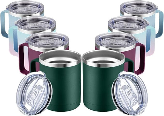 MEWAY 12oz Coffee Mug With Handle 2 Pack Bulk,Stainless Steel Insulated Travel Tumblers With Sliding Lid,Double Wall Vacuum Camping Cup for Hot & Cold Drinks Tea (Forest Green&Plum,Set of 8)