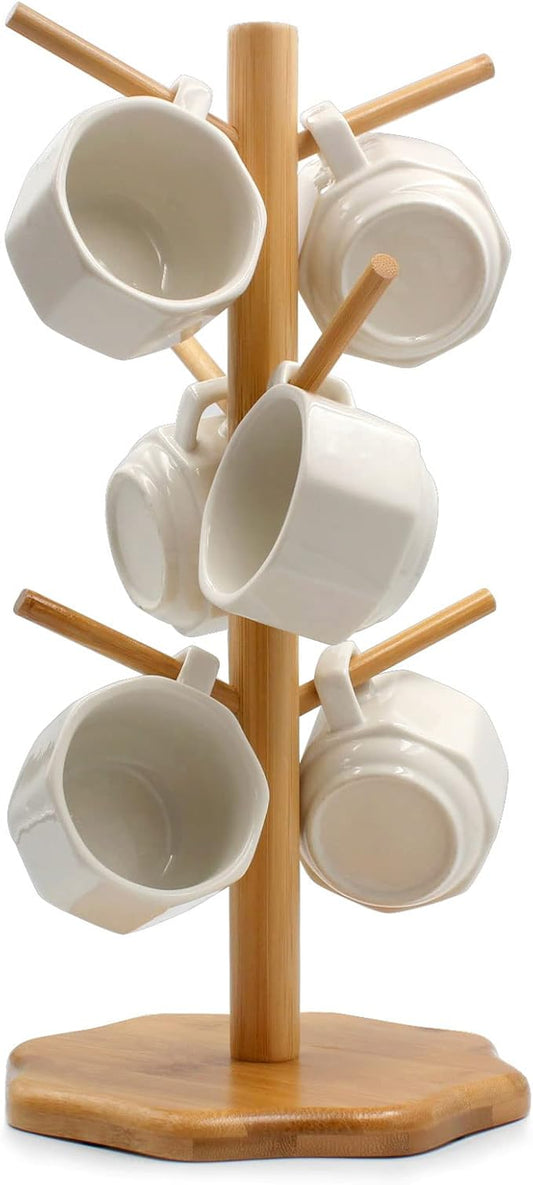 Bamboo Countertop Mug Tree Stand with 6 Hooks, Octagon Base Coffee Cup Tree