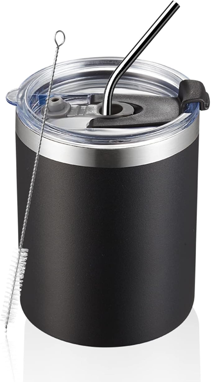 MEWAY 12 oz Lowball, Tumbler Stainless Steel Double Wall Vacuum Insulated Mug with Straw and Lid, Cleaning Brush ，Durable Powder Coated Insulated Coffee Cup for Cold & Hot Drinks (Black, 1 Pack)