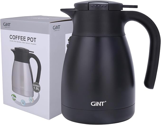 GiNT 1L / 34Oz Thermal Coffee Carafe, Insulated Stainless Steel Coffee Carafes for Keeping Hot/Double Walled Vacuum Thermal Carafe (Black)