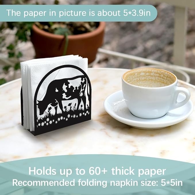 Cow Eating Grass Decorative Black Metal Napkin Holder for Table, 4.9" x 4.9" x 1.9" Standing Napkin Holder for Home Kitchen Restaurant Picnic Party Coffee Bar Dining Room