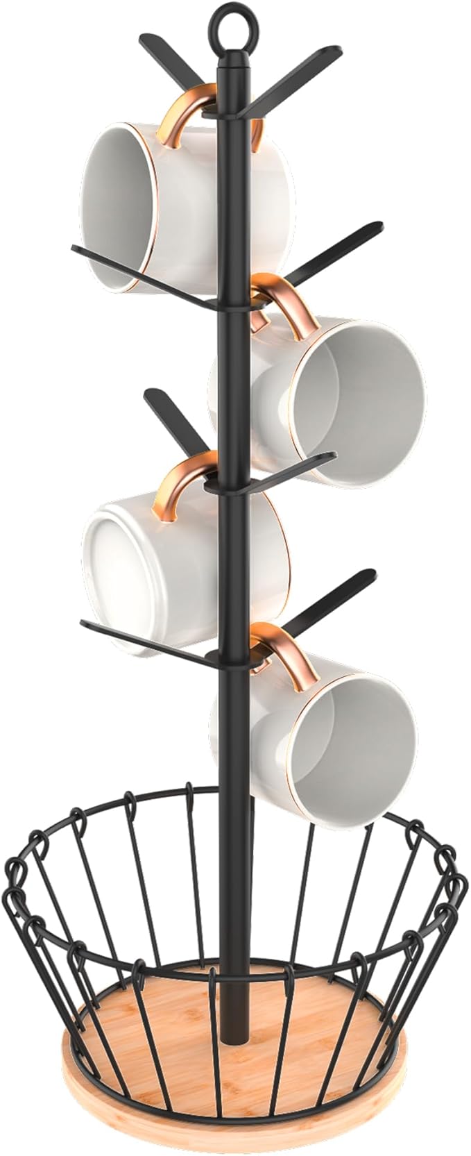 simesove Coffee Cup Holder with Basket, Non-Slip Cup Tree with 8 Hooks for K-Cups and Saucers, Wooden Stand Organizer for Counters, Bars and Kitchen Home Decor (Natural)