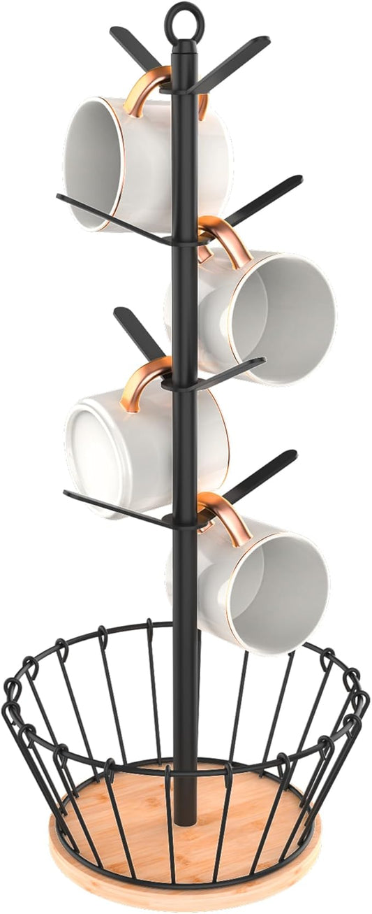 simesove Coffee Cup Holder with Basket, Non-Slip Cup Tree with 8 Hooks for K-Cups and Saucers, Wooden Stand Organizer for Counters, Bars and Kitchen Home Decor (Natural)