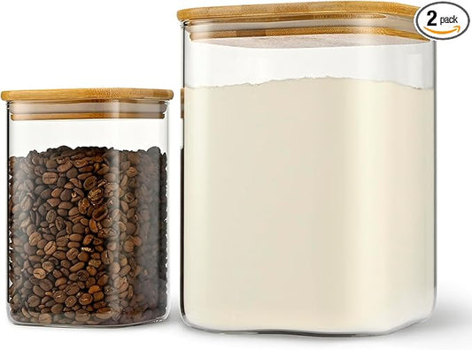 122oz 41oz Airtight Glass Square Storage Canister with Bamboo Lid Set of 2(3600ml*1 1200ml*1) Large Storage Container Gallon Glass Jars, for Sugar, Flour, and Coffee bean (with Black Lable)