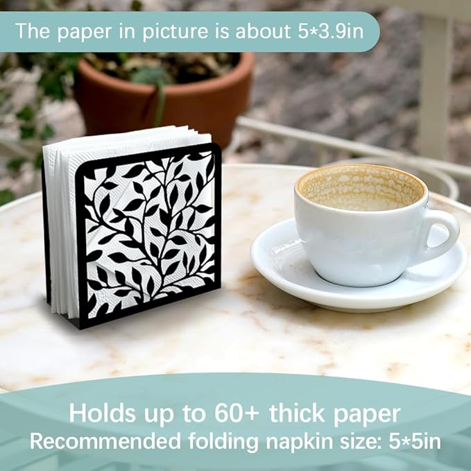 Leaves and Branch Decorative Black Metal Napkin Holder for Table, 4.9" x 4.9" x 1.9" Standing Napkin Holder for Home Kitchen Restaurant Picnic Party Coffee Bar Dining Room