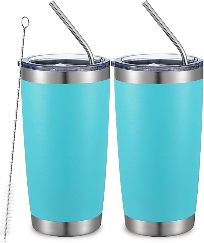 COMOOO 20oz Double Wall Vacuum Insulated Travel Mug, Stainless Steel Tumbler with Lid and Straw Durable Powder Coated Insulated Coffee Cup for Cold & Hot Drinks (Light Blue, 2 pack