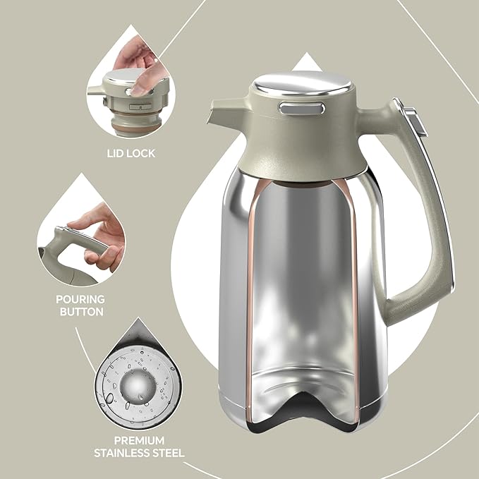 IDEUS Thermal Coffee Carafe 68oz (2,000ml), Stainless Steel Double Wall Insulated Vacuum Flask, Water Jug Coffee Server and Beverage Dispenser, Heat and Cold Retention (Celadon, 68oz (2,000ml))