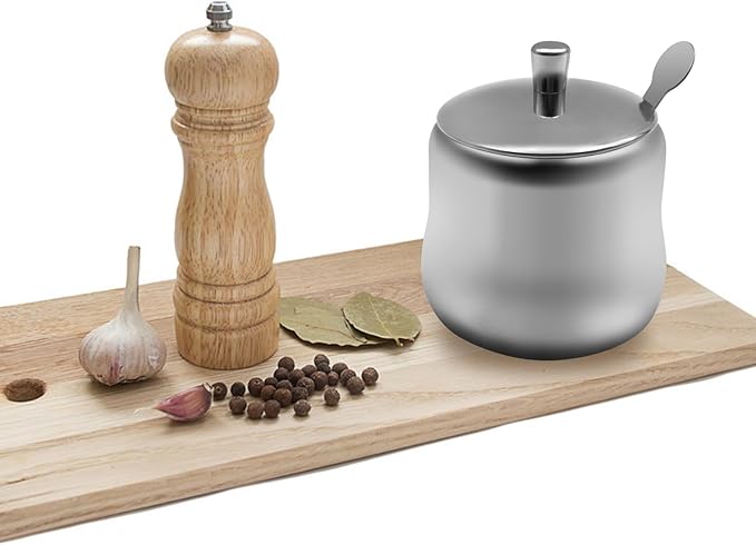 Stainless Steel Sugar Bowl, 10 OZ, 300 ml, with Lid and Spoon, Silver, Round, Geometric Pattern, Durable, Rust Resistant, Dishwasher Safe, Home and Kitchen Storage