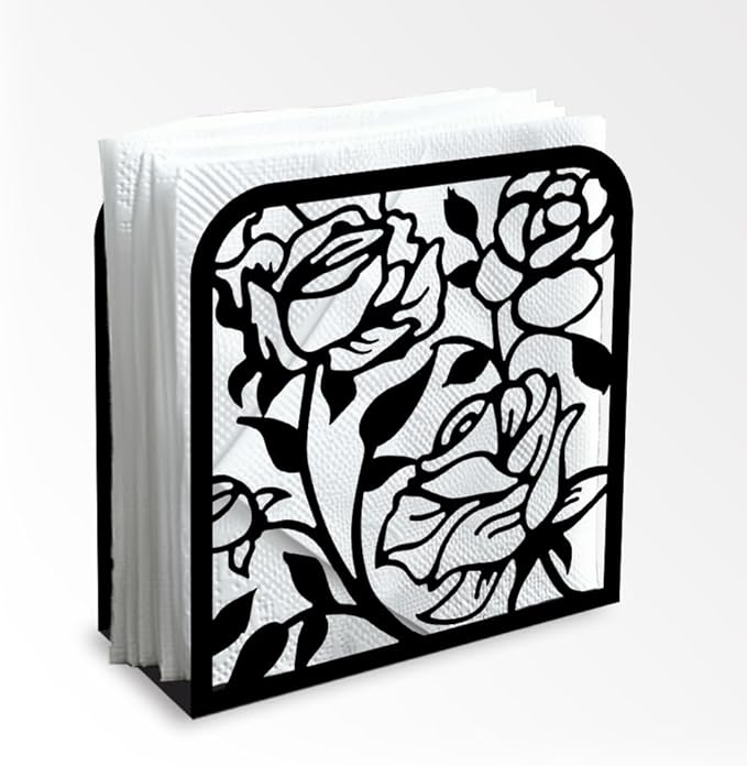 Rose Flower Decorative Black Metal Napkin Holder for Table, 4.9" x 4.9" x 1.9" Standing Napkin Holder for Home Kitchen Restaurant Picnic Party Coffee Bar Dining Room