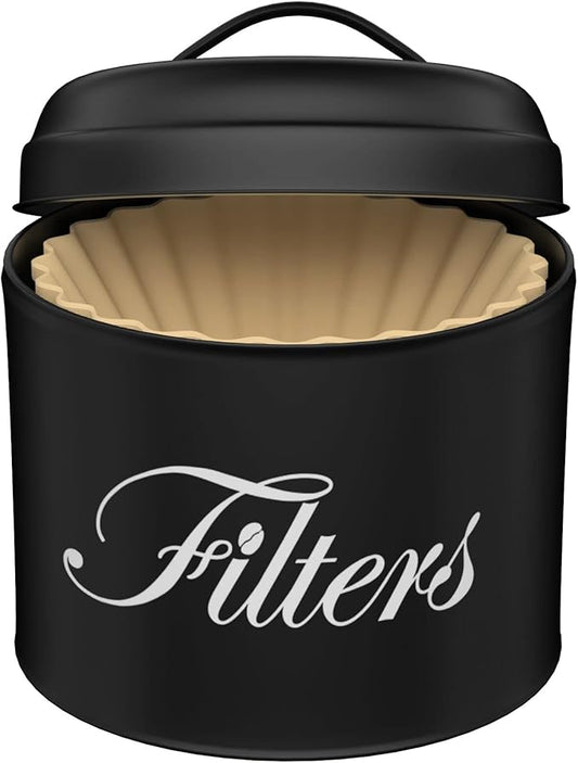 Black Basket Coffee Filter Holder With Lid - Round Container for Counter Storage - Rustic Farmhouse Bar Accessories Decor