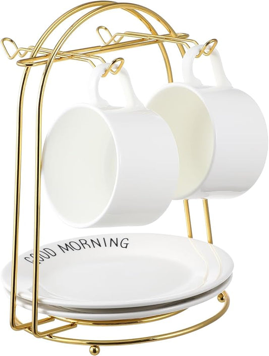 jojofuny Golden Mugs Display Holder Stand with 4 Hook: European Style Coffee Tea Cup Stand for Countertop - Mugs Rack Organizer for Home Bar Accessories