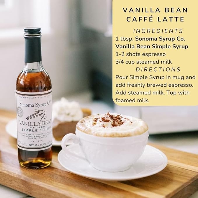 Sonoma Syrup Co. Vanilla Bean Infused Simple Syrup 12.7 fl oz | for Coffee, Tea, and Baking | Hand Crafted in the USA